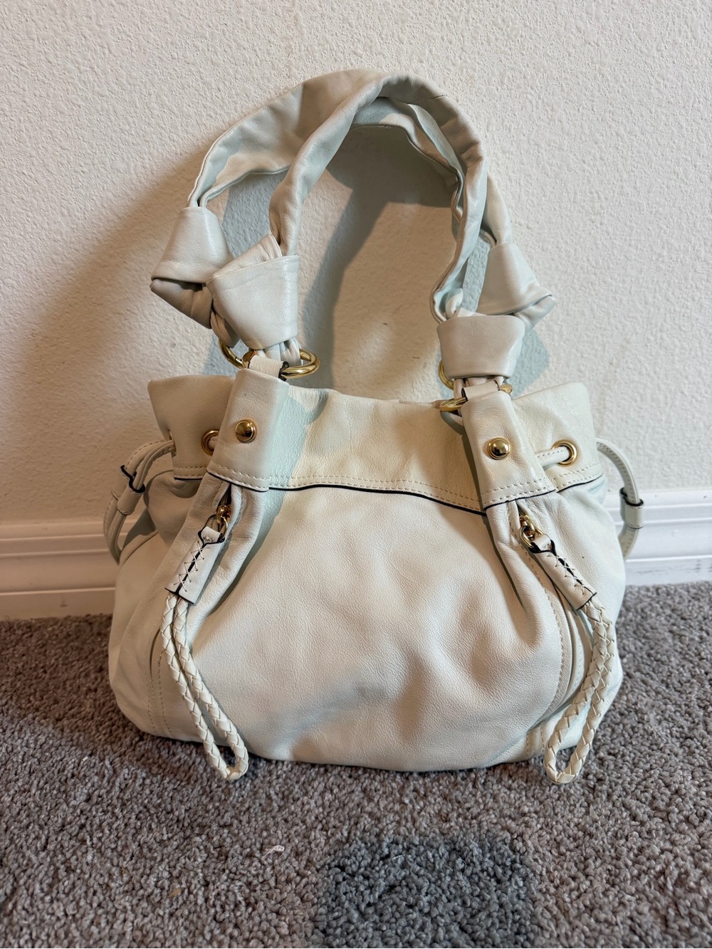 b. makowsky Cream Leather Shoulder Bag with Gold Hardware